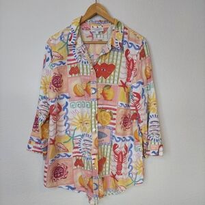 Calypso St. Barth Linen Blend Colorful Coastal Lobster Fish Shell Print‎ Shirt L